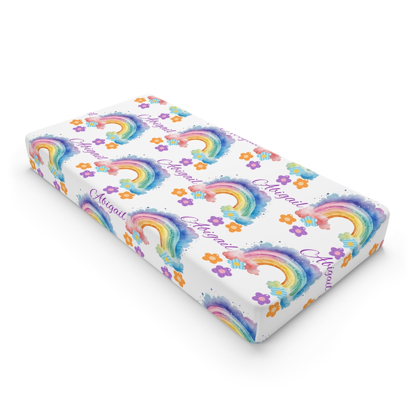 Baby Changing Pad Cover — Watercolor Rainbow Floral Pattern (Personalized Name Option)