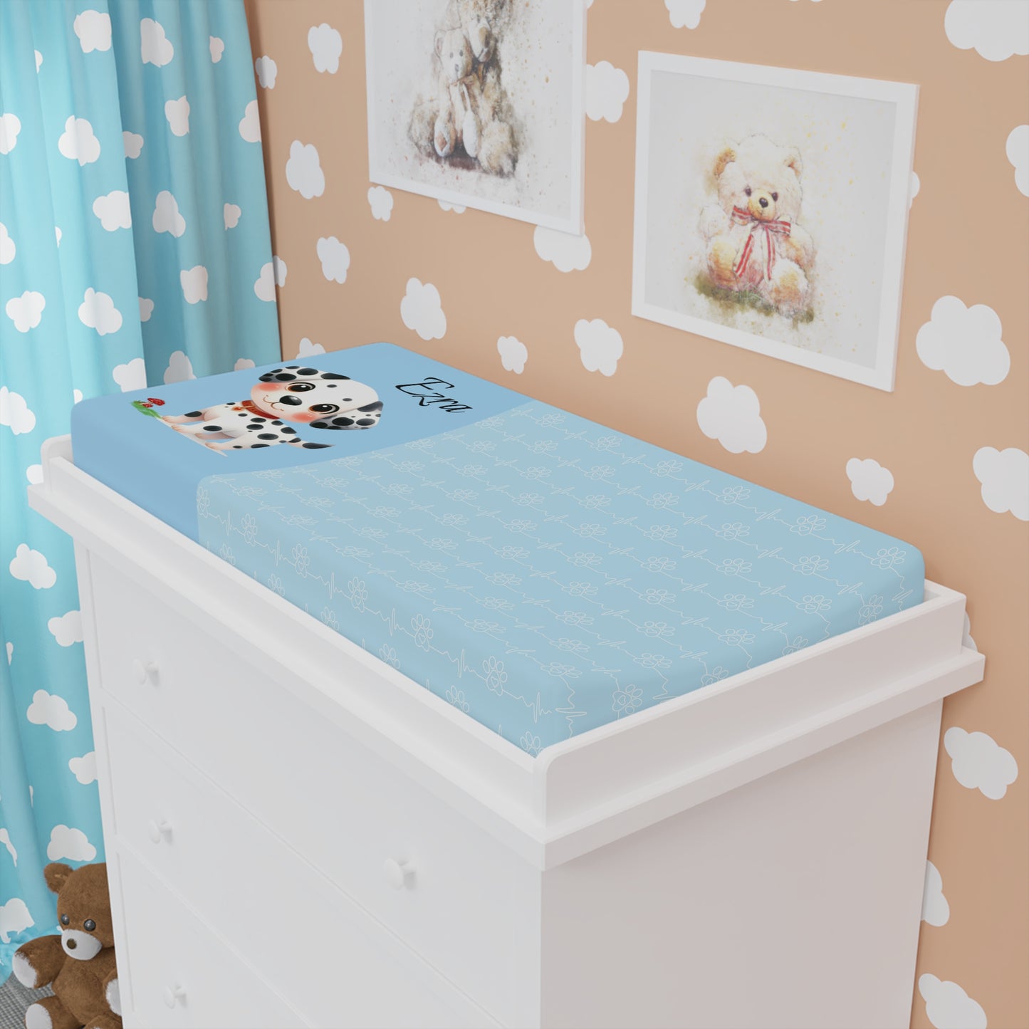Blue Dalmatian Baby Changing Pad Cover — Personalized "Evan" Nursery Accessory