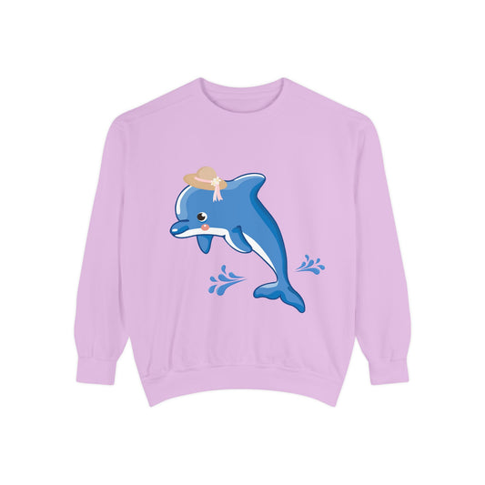 Dolphin wearing a straw hat with stylized water splashes Unisex Garment-Dyed Sweatshirt