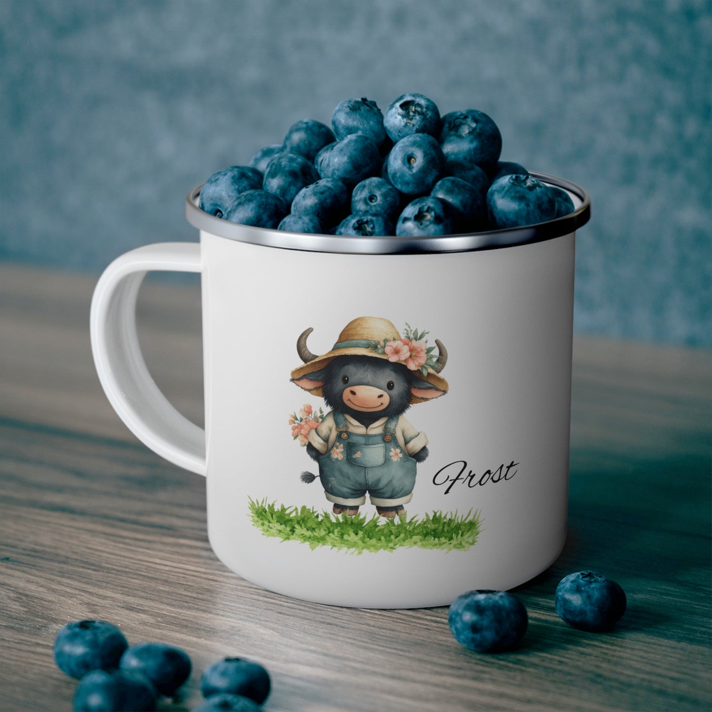 Enamel Mug — Cute Calf in Overalls Camping Cup (Personalize with Name)