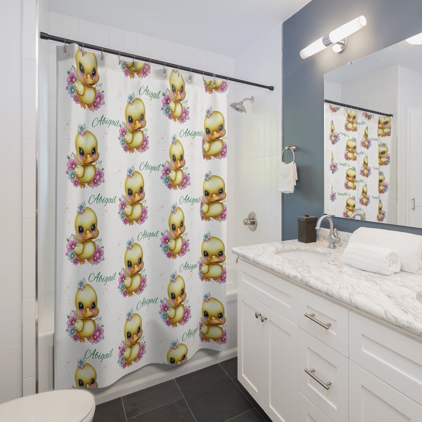 Personalized Baby Duck Shower Curtain — Custom Name ‘Abigail’ Nursery Decor
