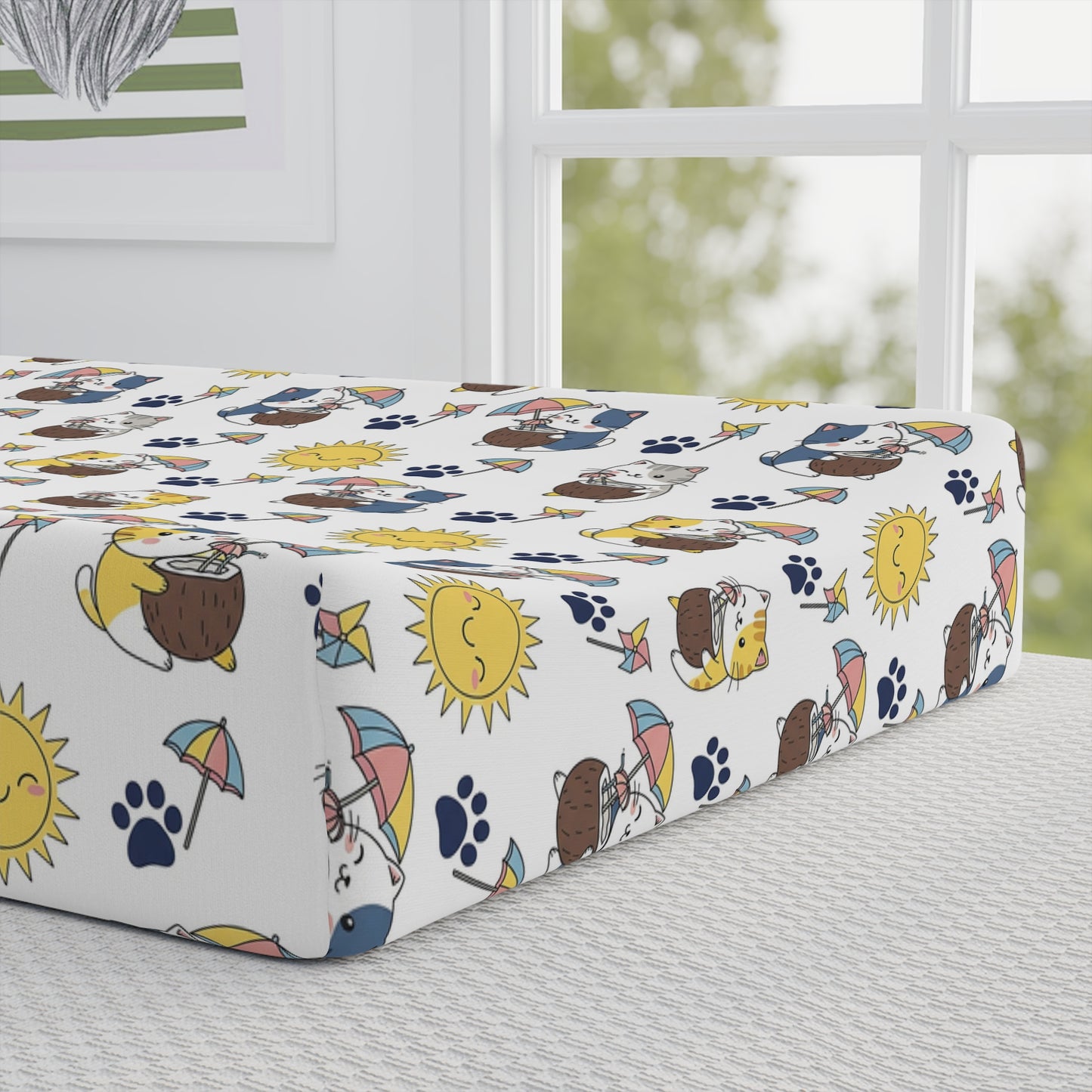 Personalized Cute Kitten Baby Changing Pad Cover — Yellow Sun & Cat Print