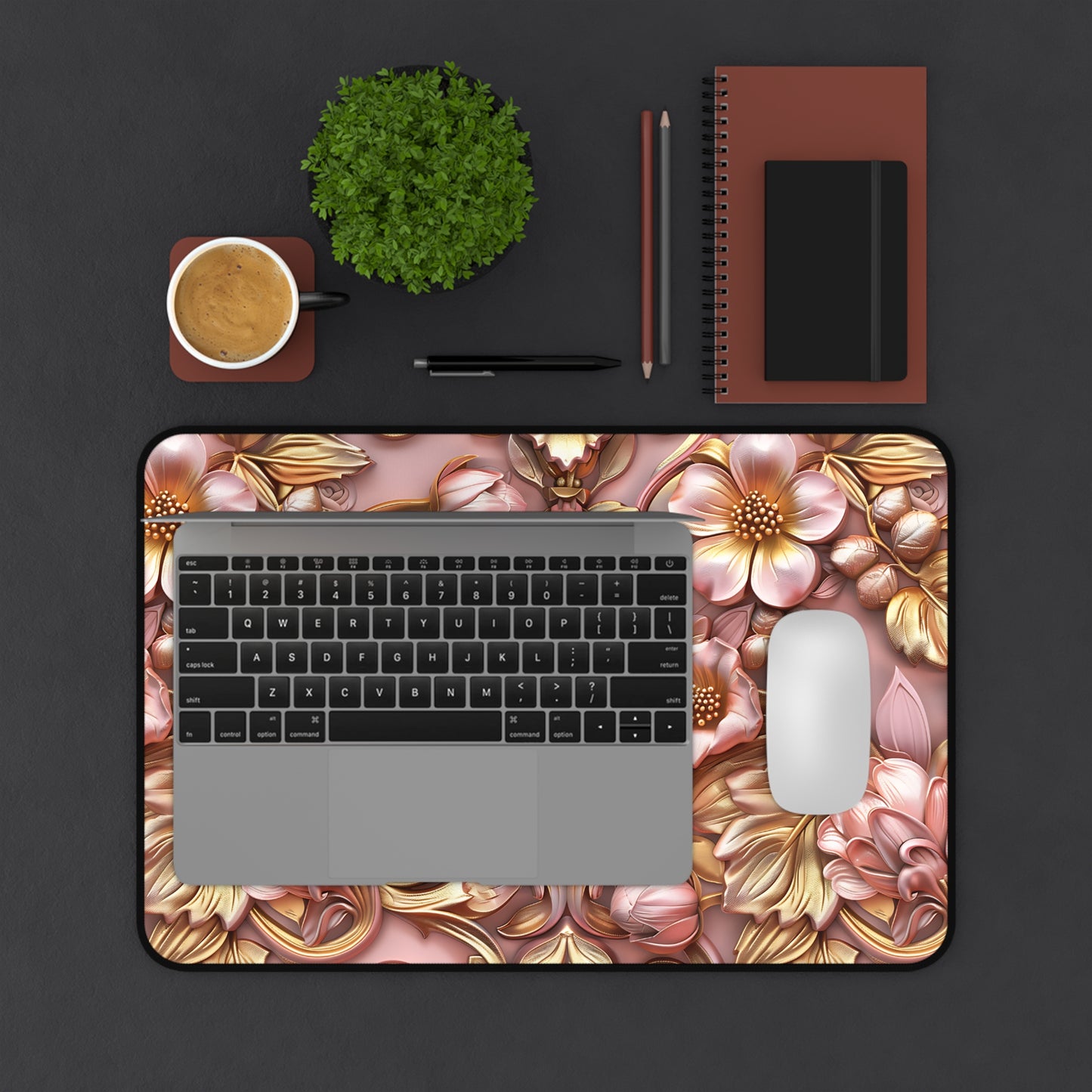 Personalized Floral Desk Mat — Rose Gold Heart Name Desk Pad