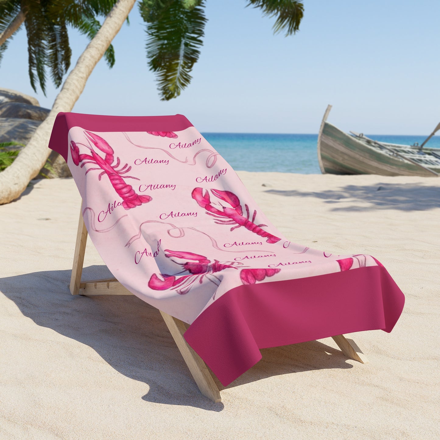 Pink Lobster Beach Towel — Personalized Nautical Summer Towels (Name Option)