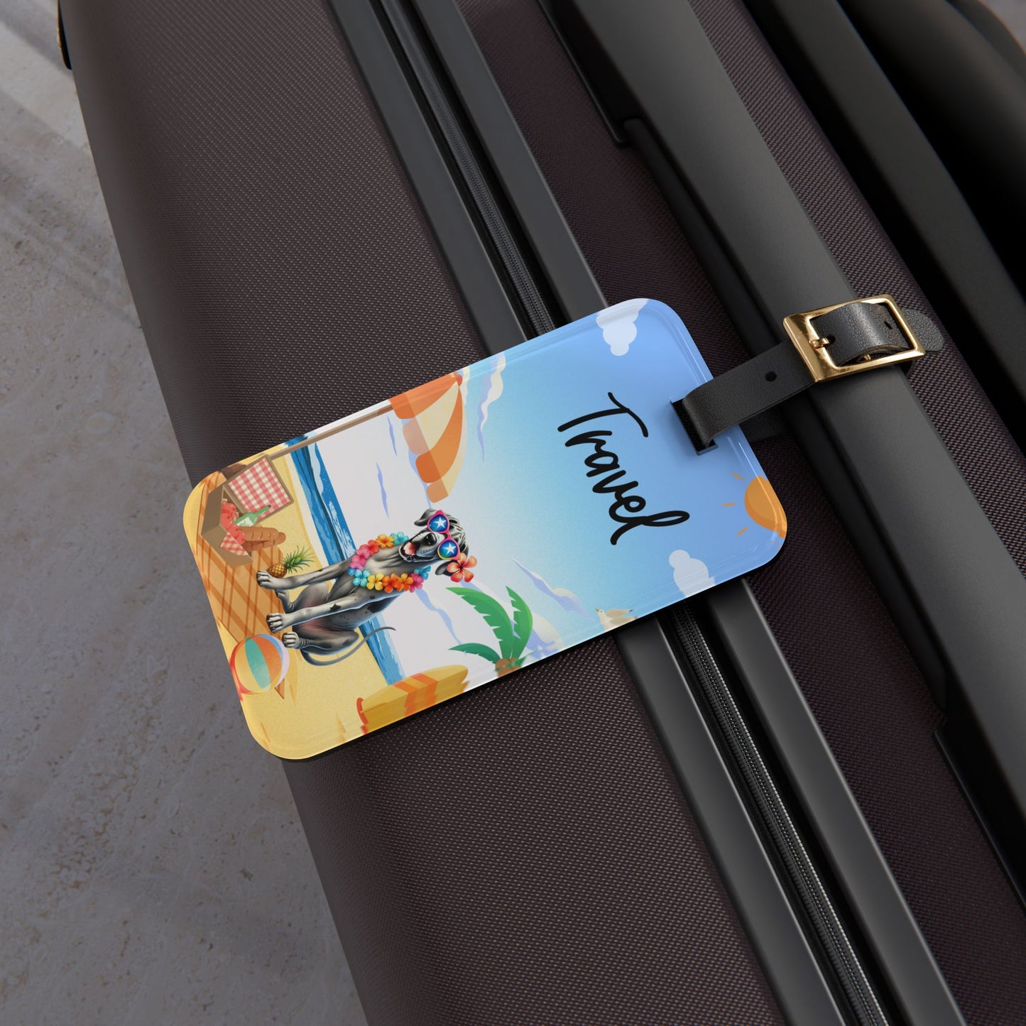 Travel Luggage Tag — Beach Dog Design with 'Travel' Text, Tropical Vacation Identifier