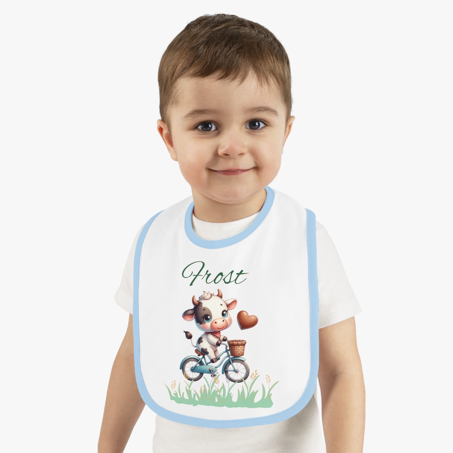 Personalized Baby Bib — Cute Cow on Bike Design with Name 'Frost'