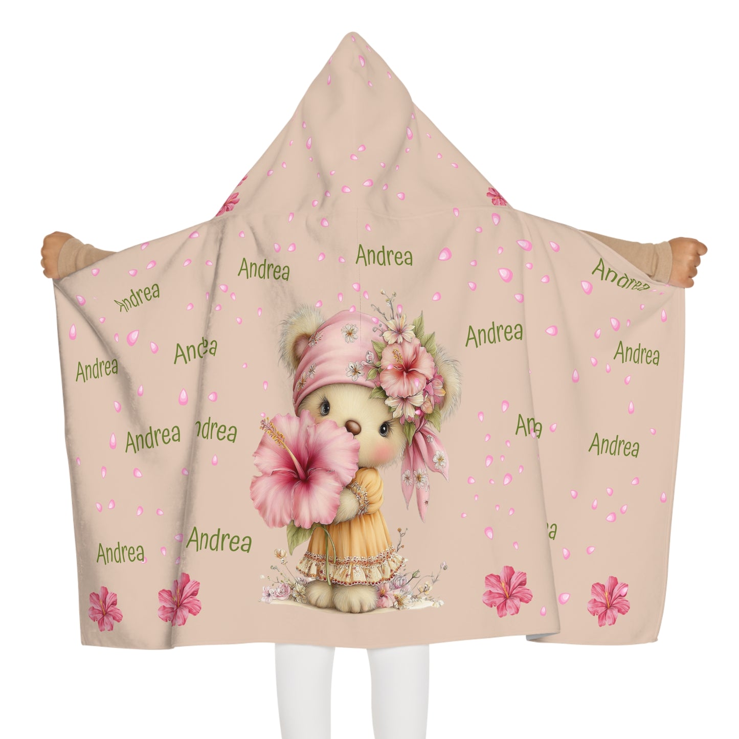 Personalized Kids Hooded Towel - Pink Floral Bear with Name (Andrea)