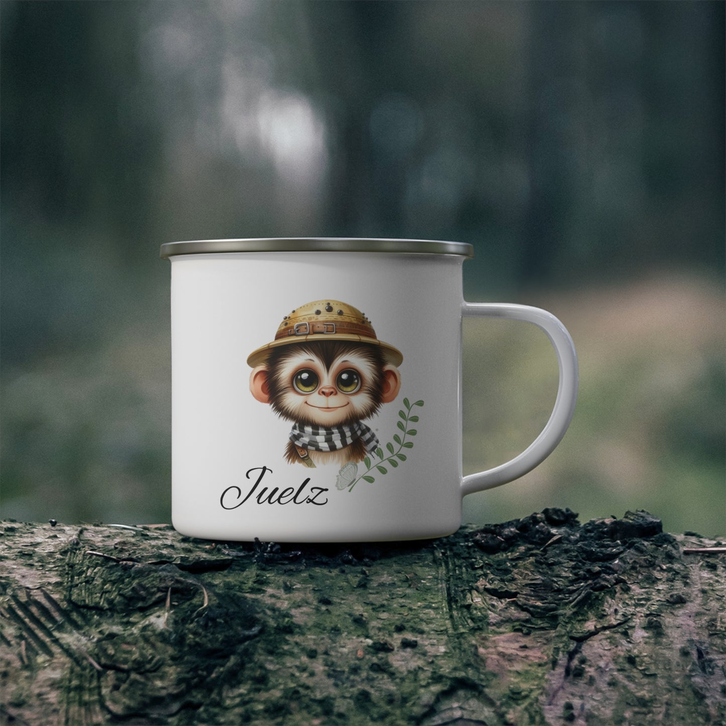 Enamel Mug — Cute Baby Monkey Camping Design with 'Juelz' Name