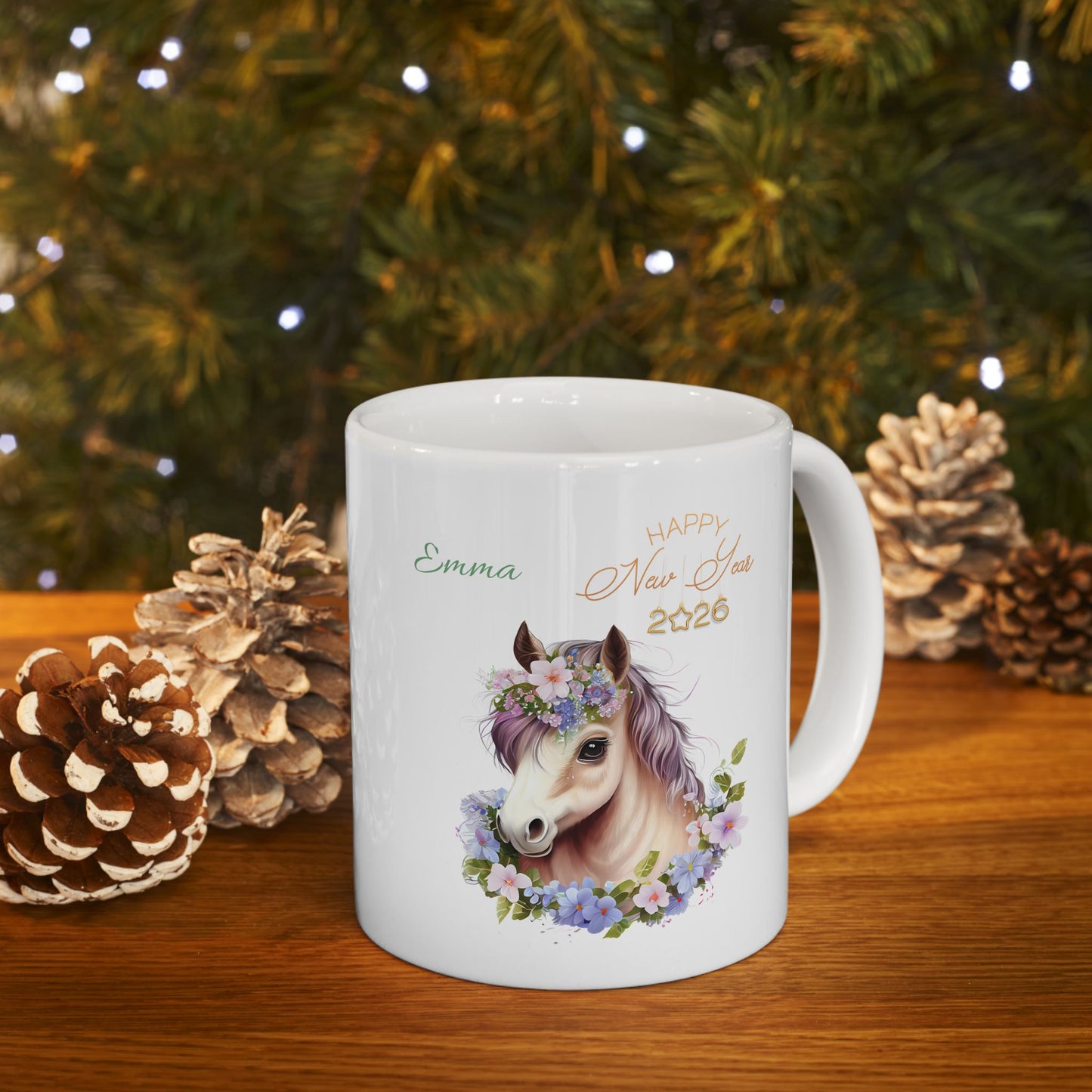 Floral Horse Ceramic Mug – Personalized "Emma" Coffee Cup (11oz & 15oz)
