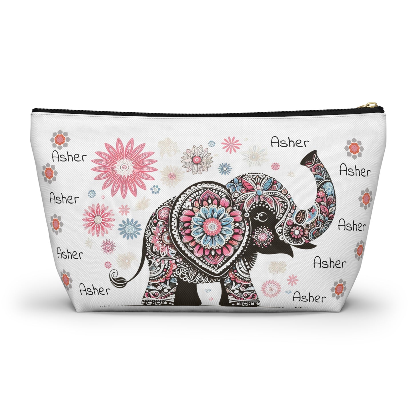 Personalized Elephant Accessory Pouch — Floral T-Bottom Makeup Bag