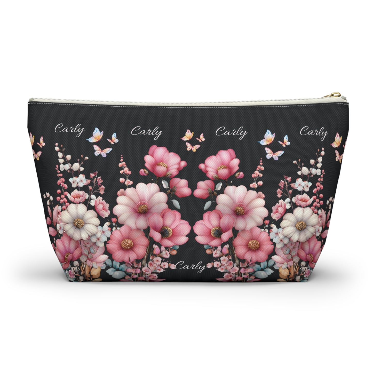 Floral Cosmetic Pouch with Pink Blooms — Personalized 'Carly' Accessory Bag