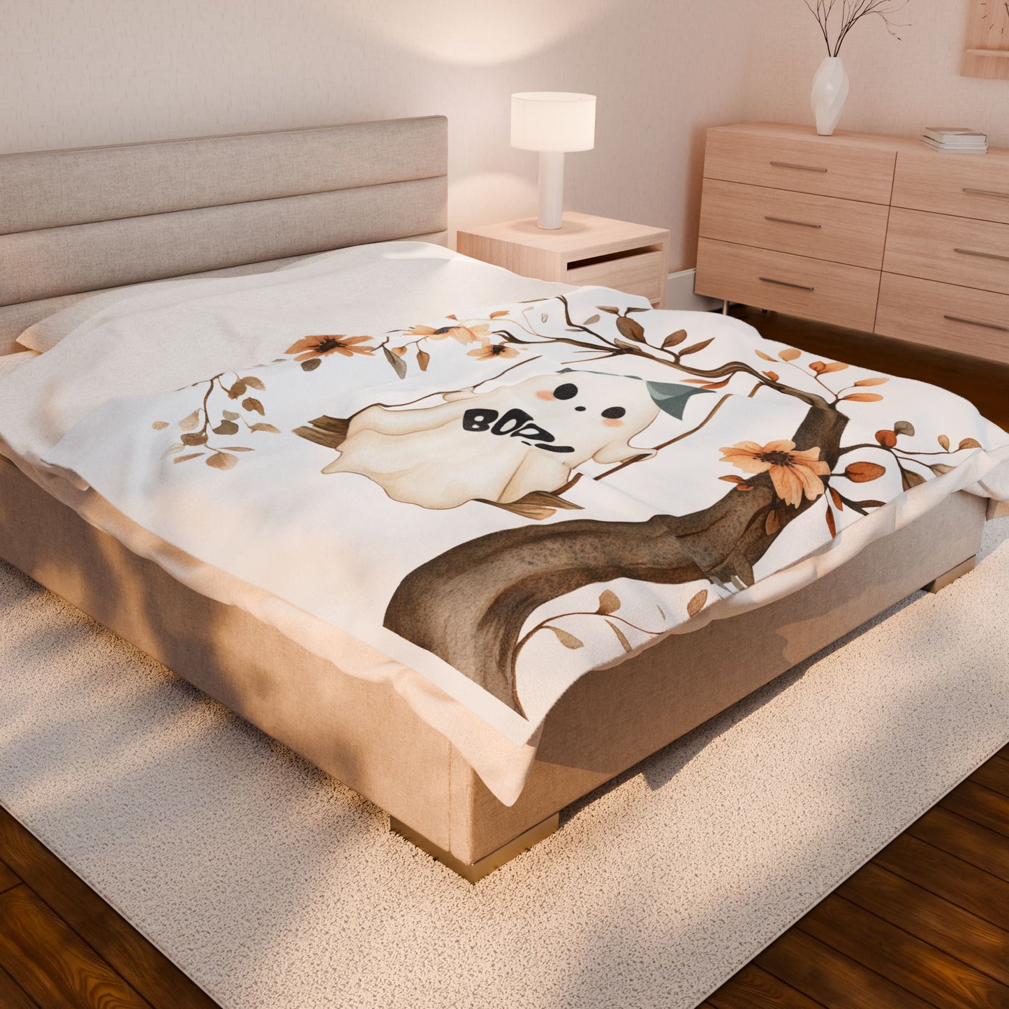 Cozy Halloween Velveteen Plush Blanket, Soft Throw for Fall Decor, Boo Ghost Design, Perfect for Movie Nights & Gifts