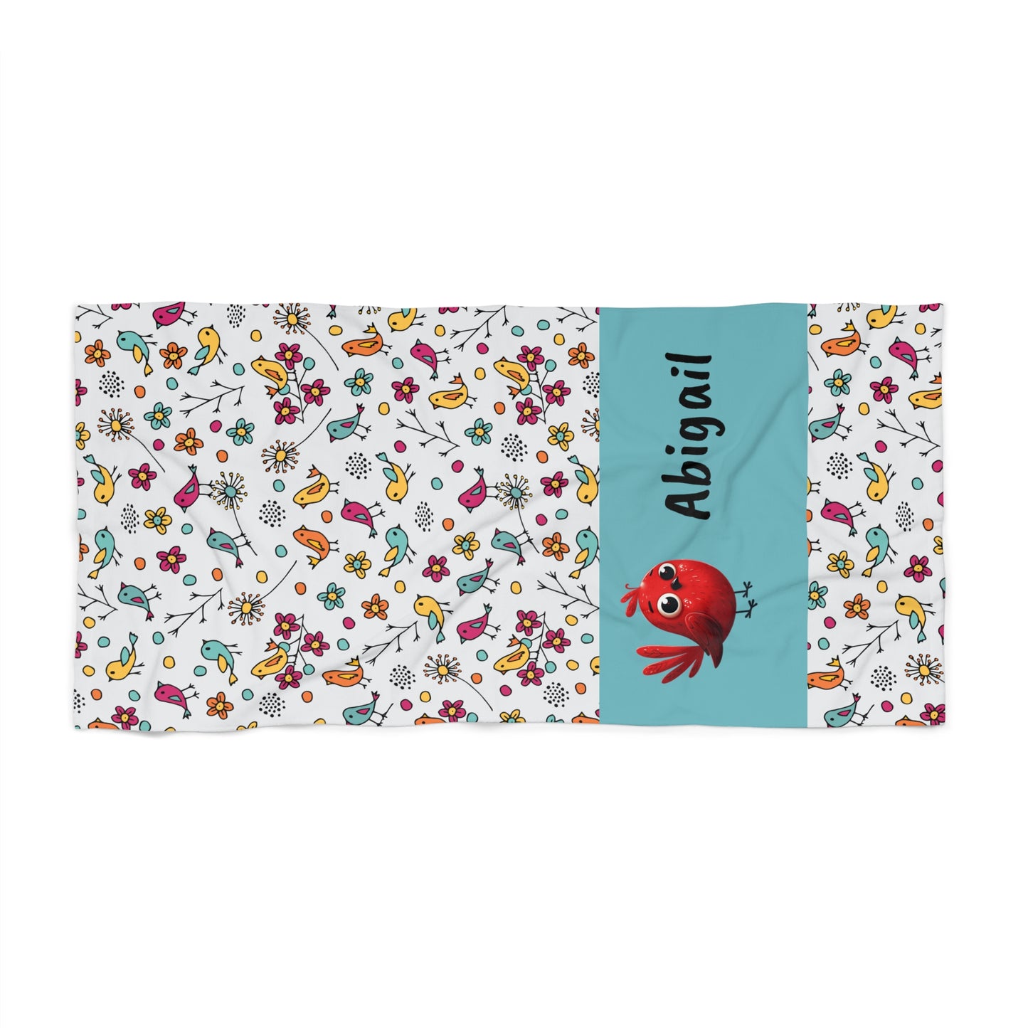 Personalized Kids Beach Towel – Cute Red Crab & Floral Pattern, Custom Name (Abigail)