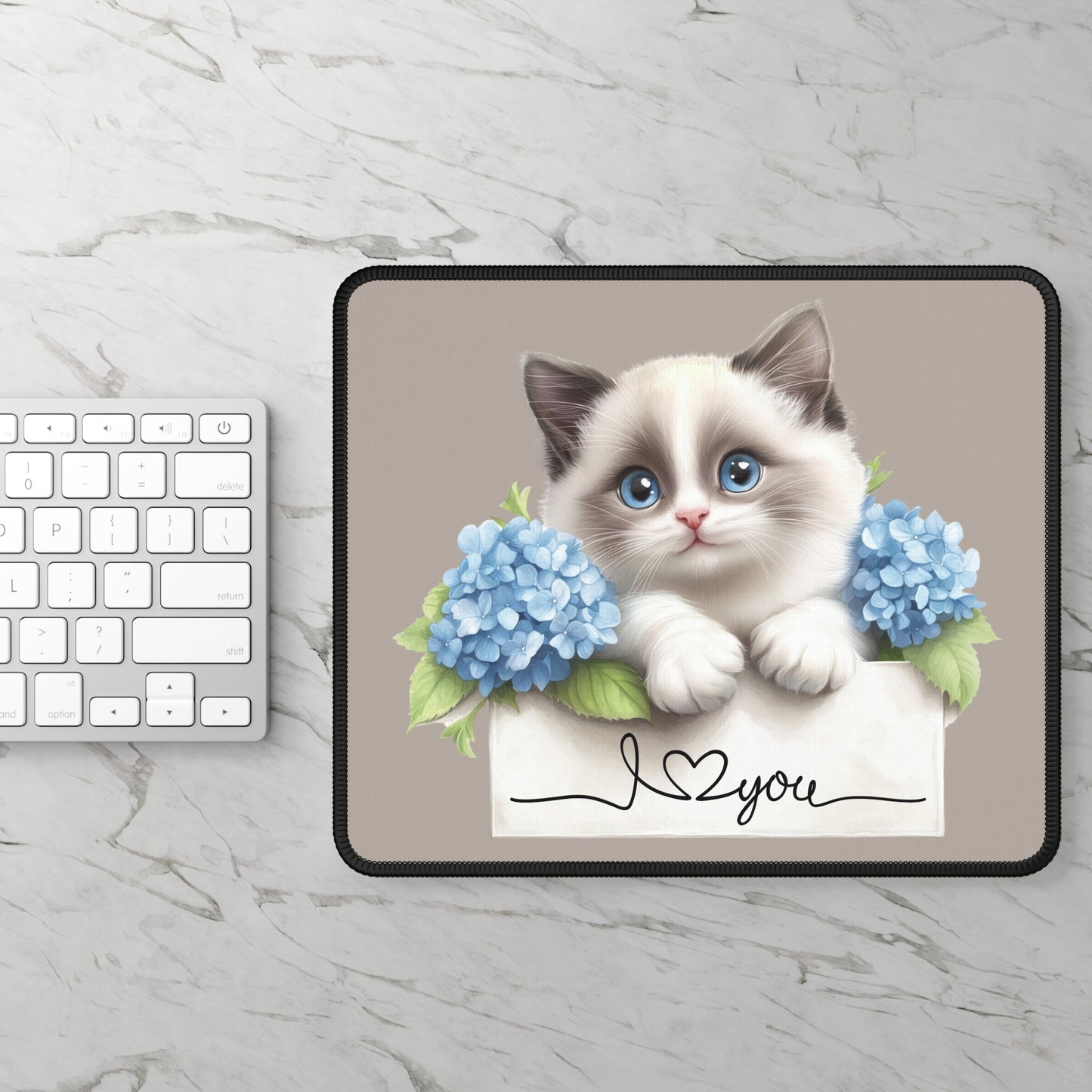 Cute Kitten "I  You" Gaming Mouse Pad — Floral Hydrangea Desk Mat for Cat Lovers