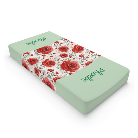 Floral Rose Baby Changing Pad Cover — Personalized Mint Green Nursery