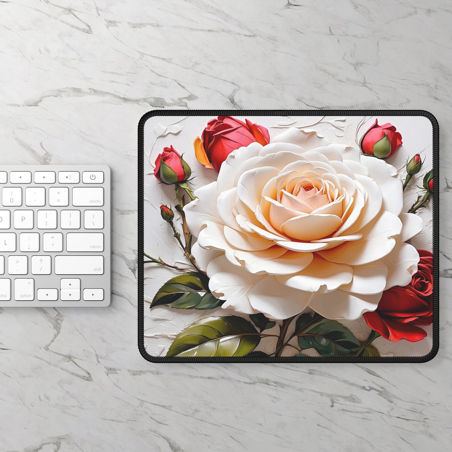 Floral Rose Gaming Mouse Pad — Elegant White & Red Rose Desk Mat