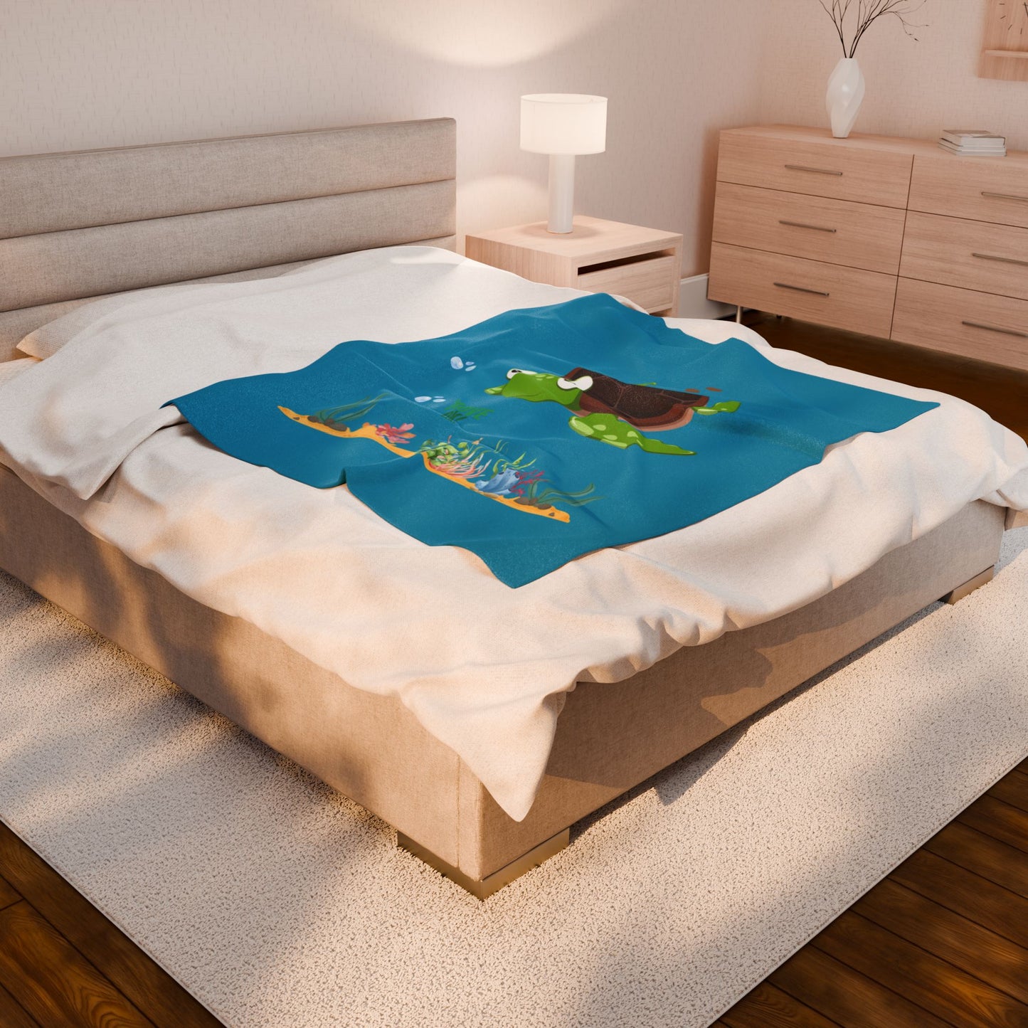 Turtle with seaweed and bubble Velveteen Plush Blanket