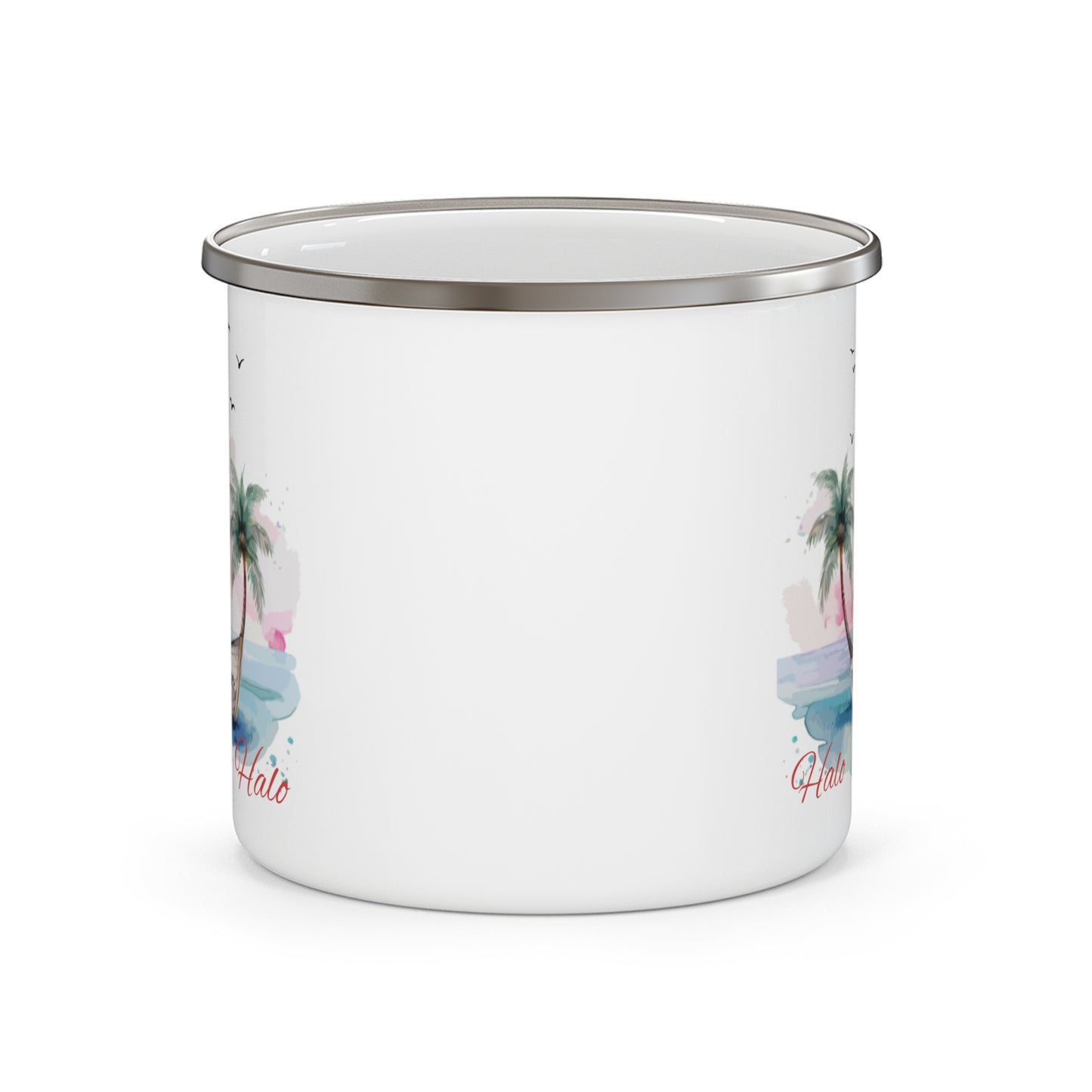 Coastal Enamel Camping Mug with Palm Trees and Boat Design