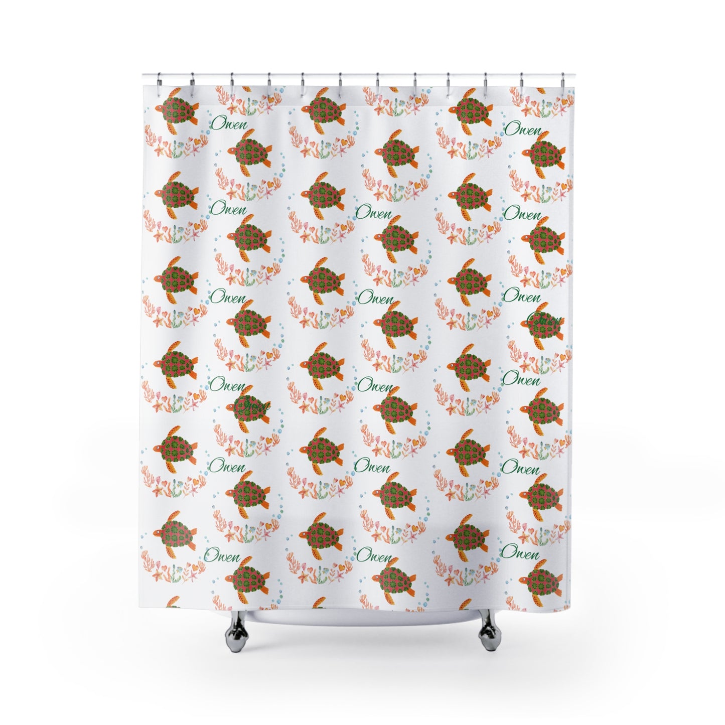Sea Turtle Shower Curtain — Floral Ocean Pattern with "Owen" Name