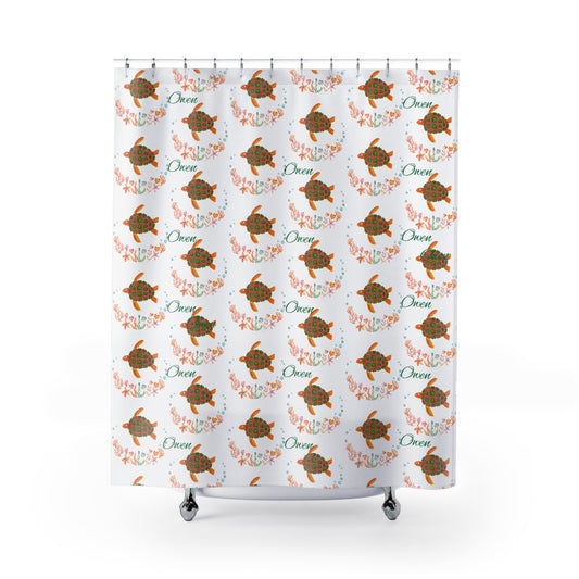 Sea Turtle Shower Curtain — Floral Ocean Pattern with "Owen" Name