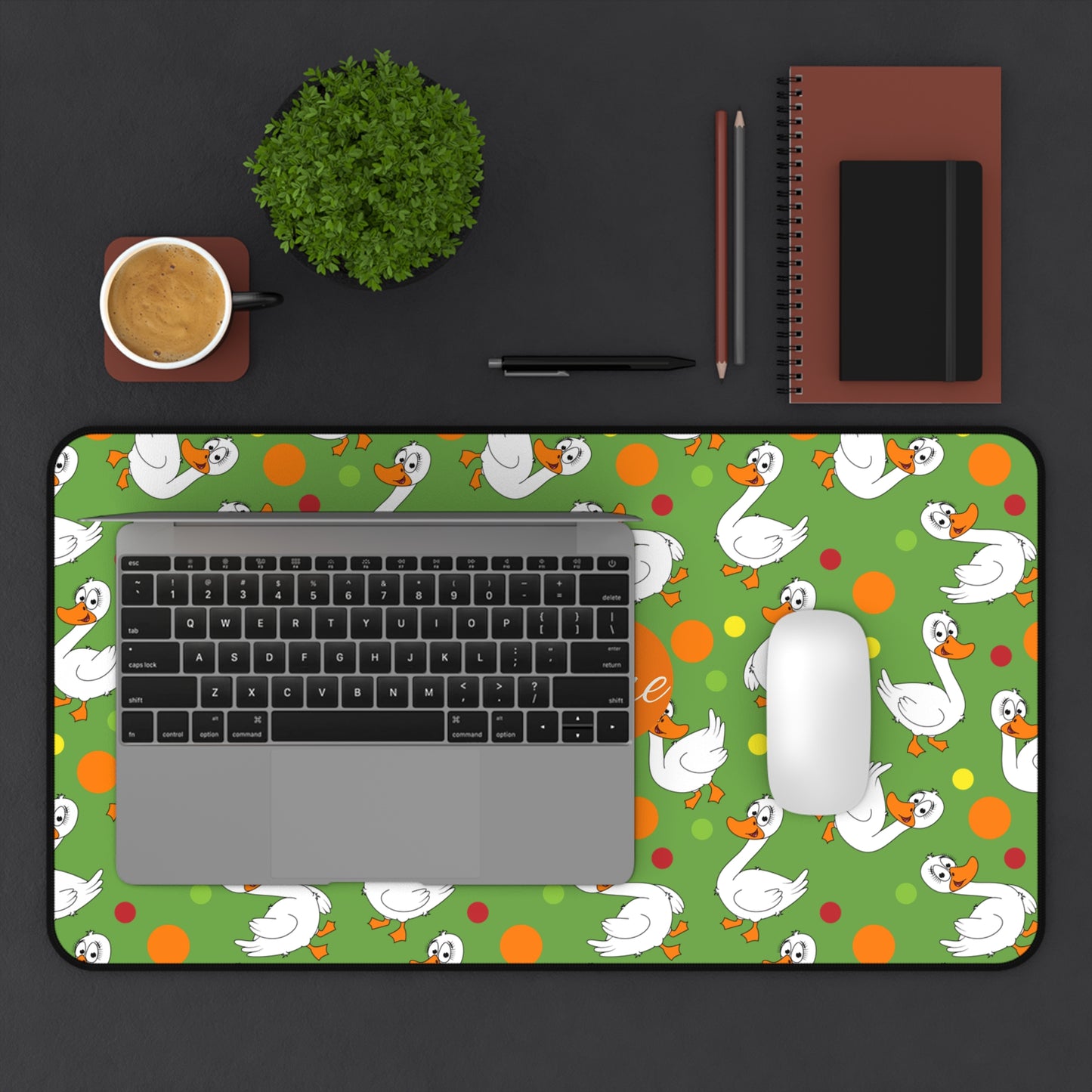 Swans & Dots Personalized Desk Mat — Custom Name Green Mouse Pad