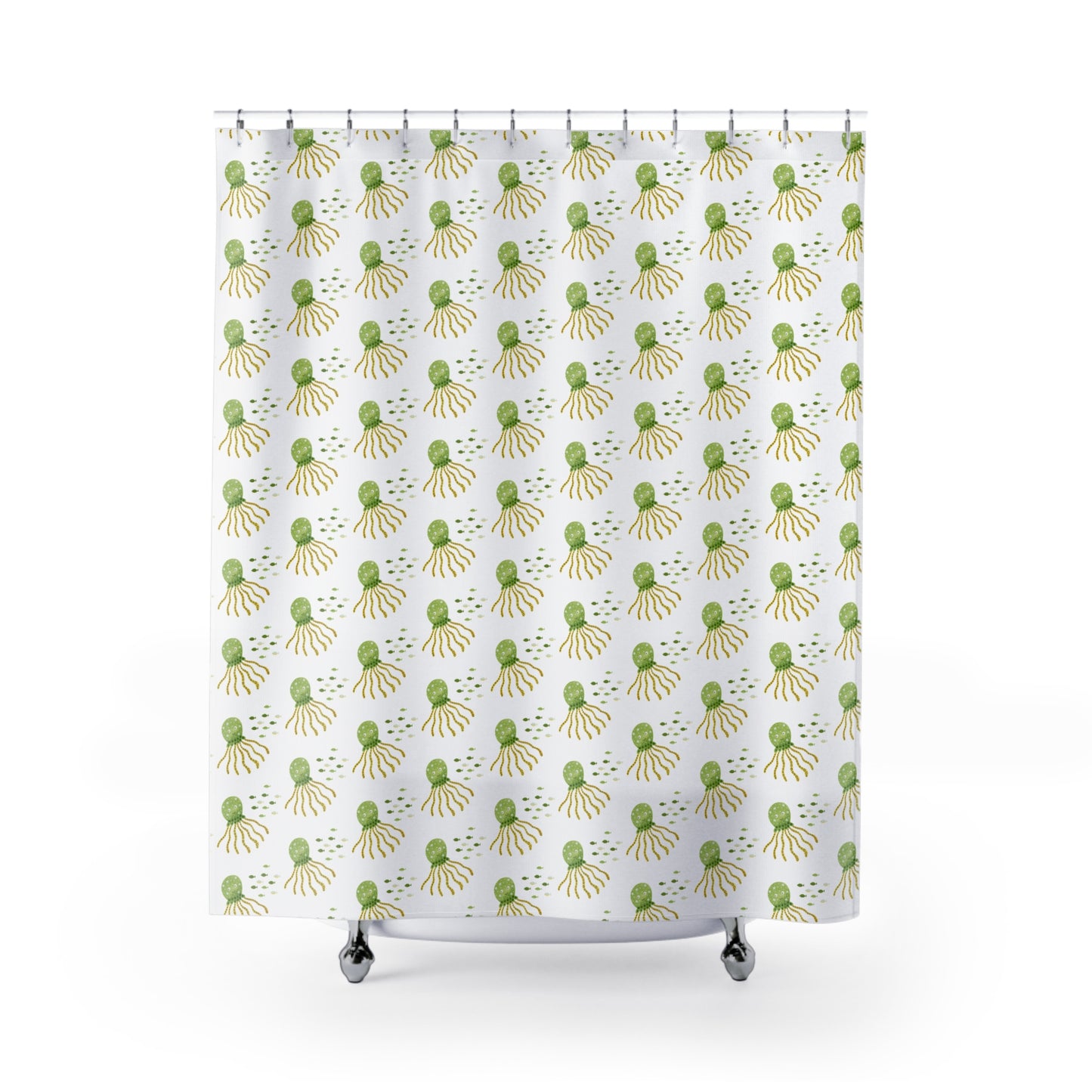 Octopus Pattern Shower Curtain — Green Watercolor Sea Life Bathroom Decor