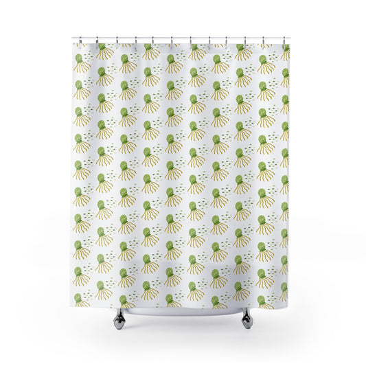 Octopus Pattern Shower Curtain — Green Watercolor Sea Life Bathroom Decor
