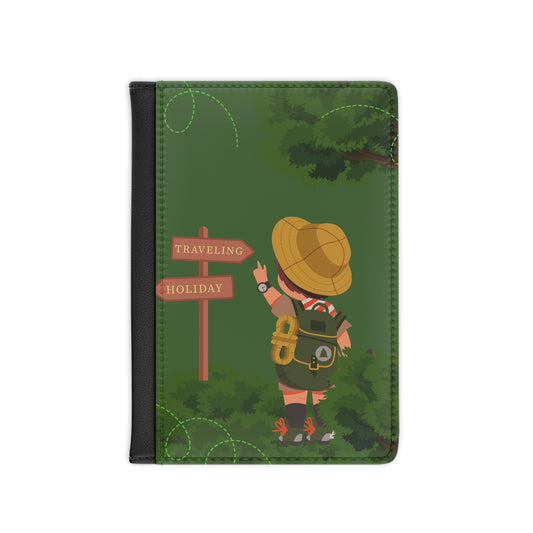 Passport Cover - Cute Scout Traveler Design with “Traveling Holiday” Sign, Kids Adventure Passport Holder