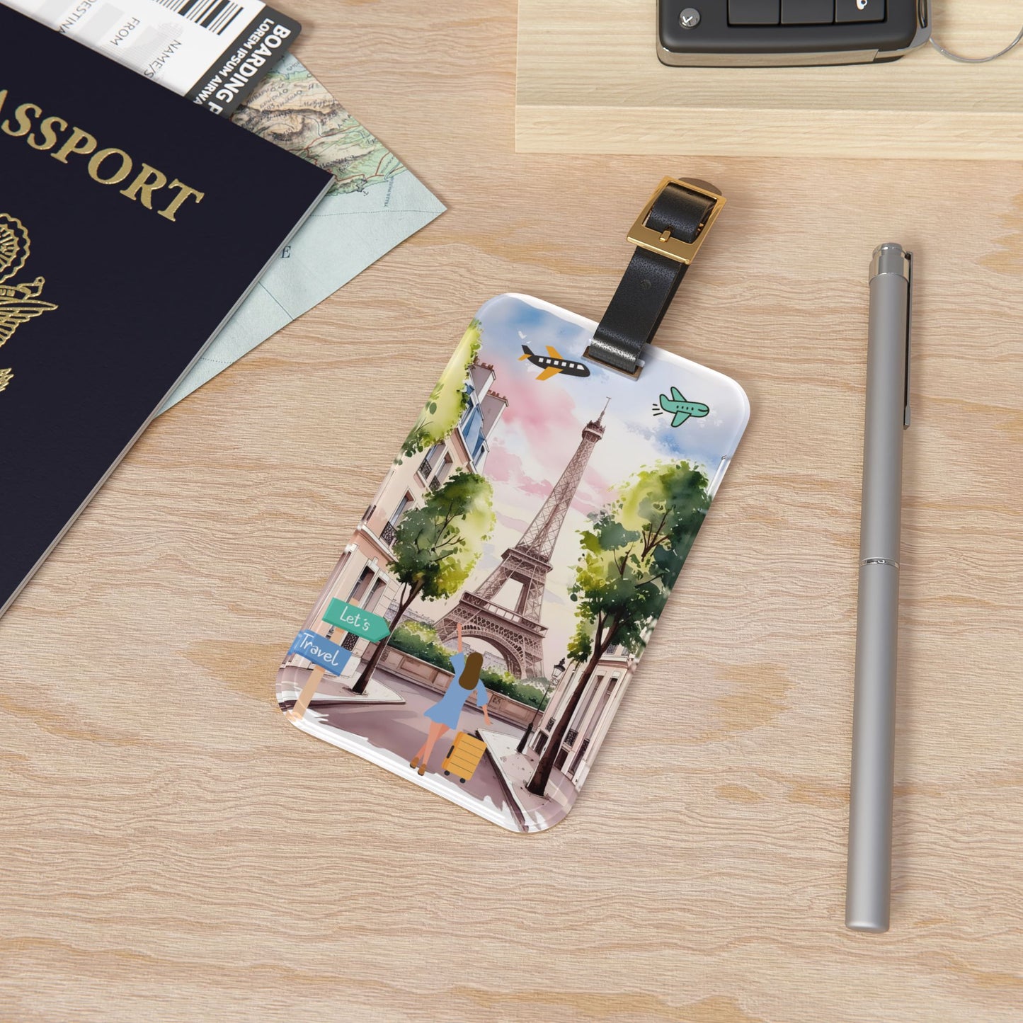 Eiffel Tower Travel Luggage Tag – Paris Vacation ID Tag with 'Let's Travel' Design
