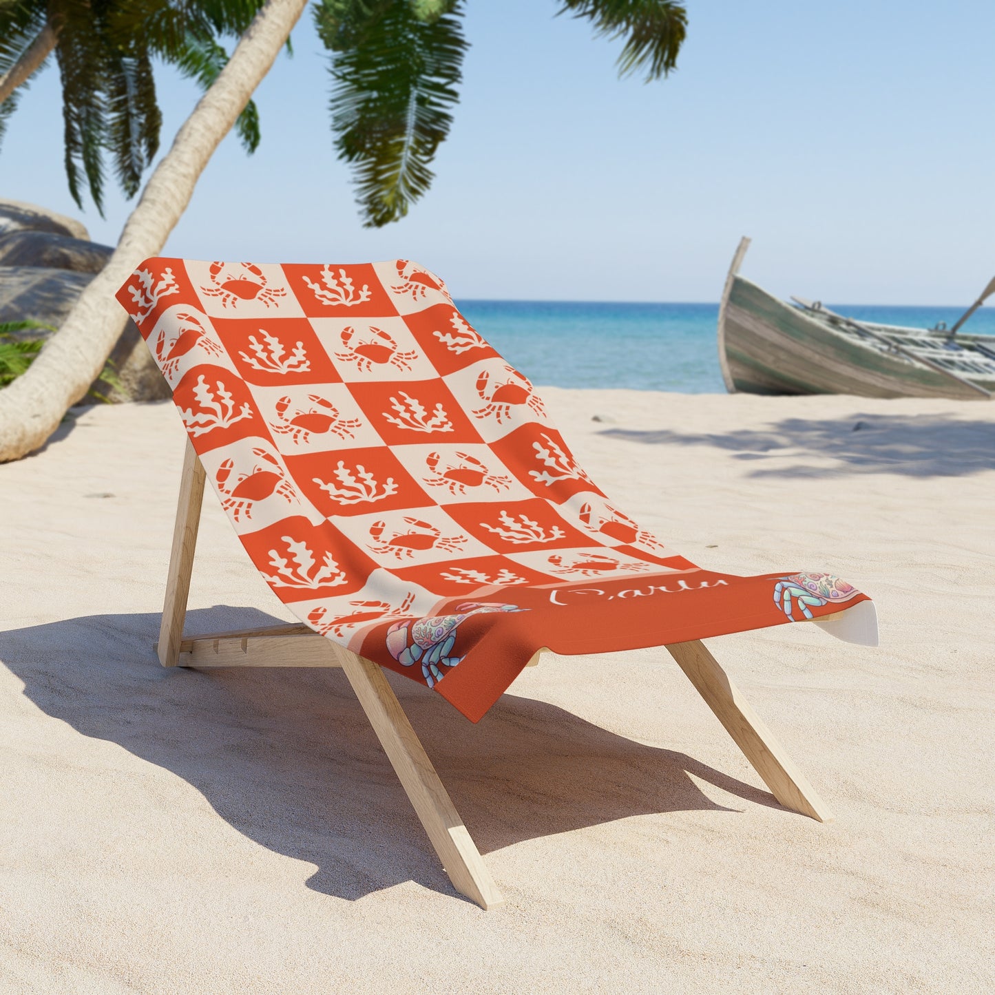 Personalized Coastal Crab Beach Towel — Nautical Orange Plaid Design