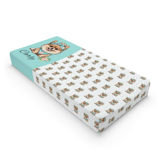 Baby Changing Pad Cover — Cute Cartoon Puppy Pattern with Personalized Name (Aqua)