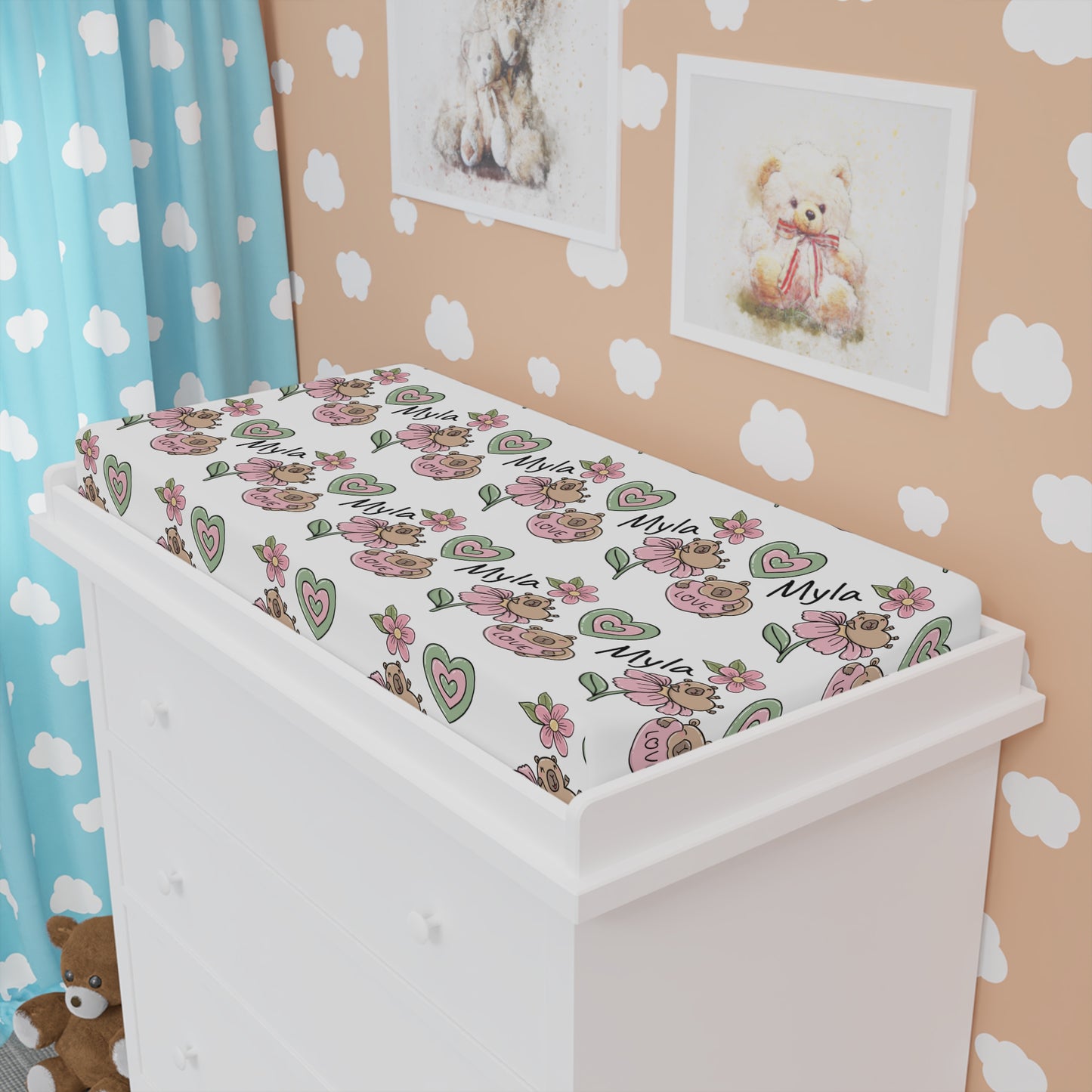 Personalized Floral Baby Changing Pad Cover – Custom Name (Myla)