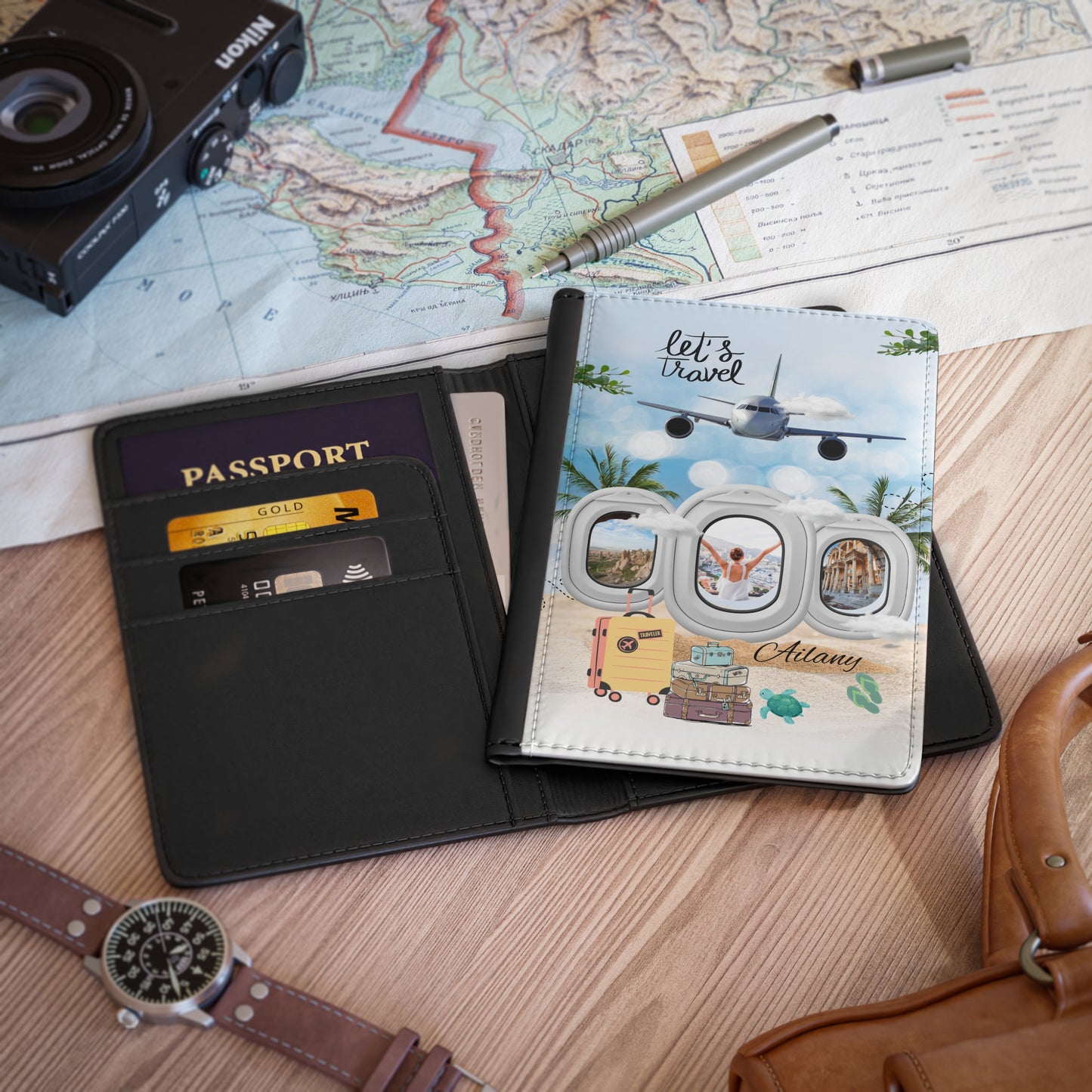 Passport Cover - 'Let’s Travel' Airplane Window Design with Suitcase & Personalized Name