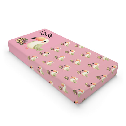 Personalized Pink Toucan Baby Changing Pad Cover — Custom Name Nursery Accessory