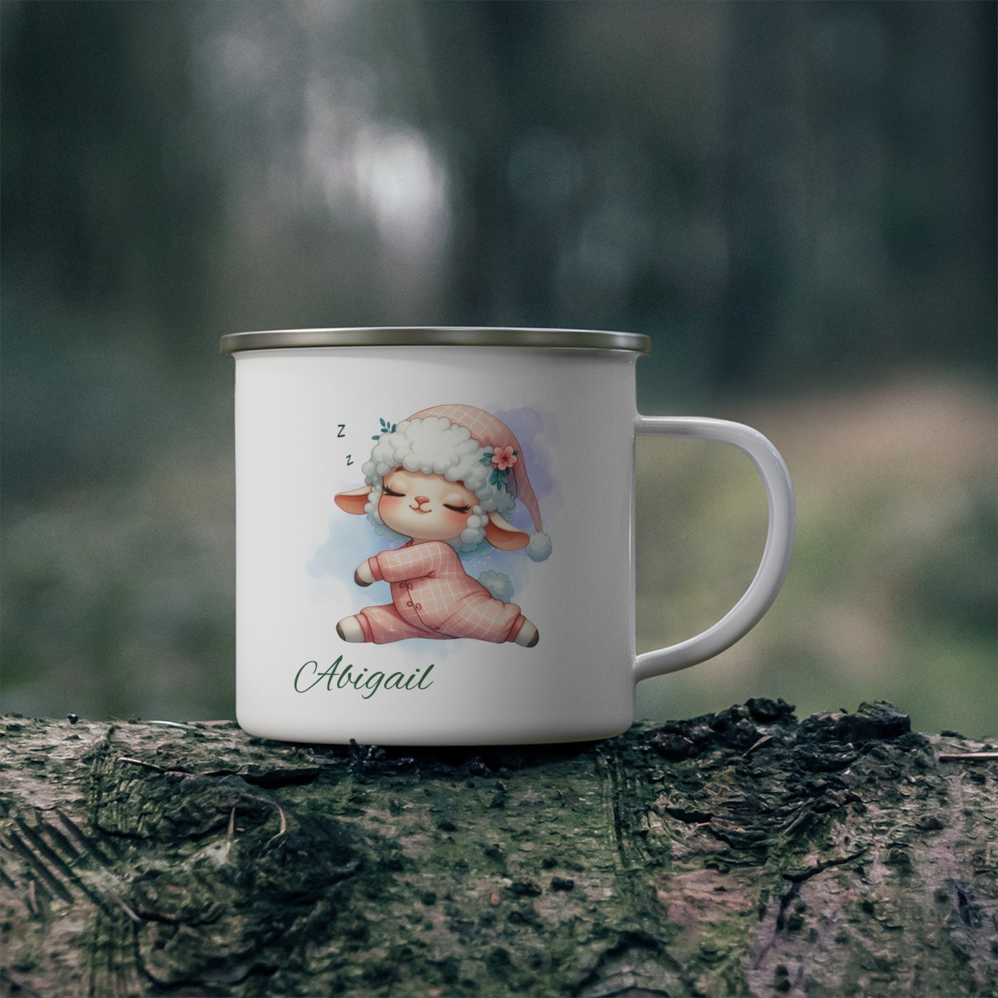 Personalized Enamel Camping Mug with Sleepy Sheep Design