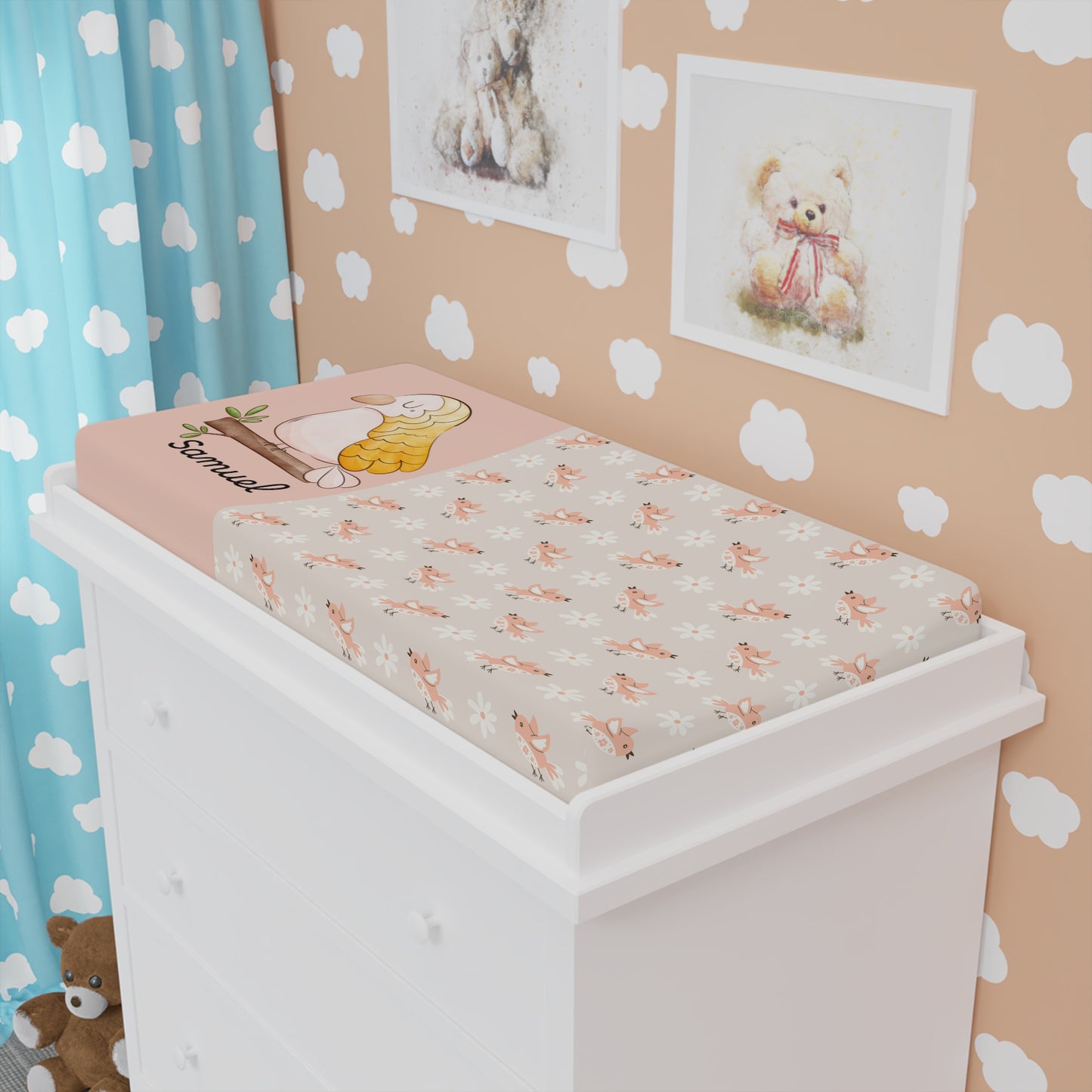 Personalized Mermaid Baby Changing Pad Cover - Floral Pink Newborn Nursery