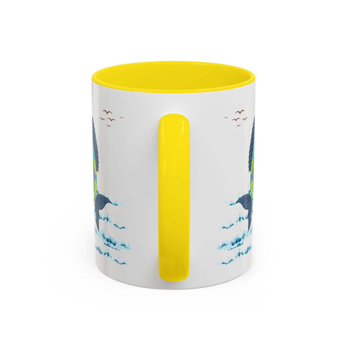 Fish with a sun and birds in the sky above water Coffee Mug