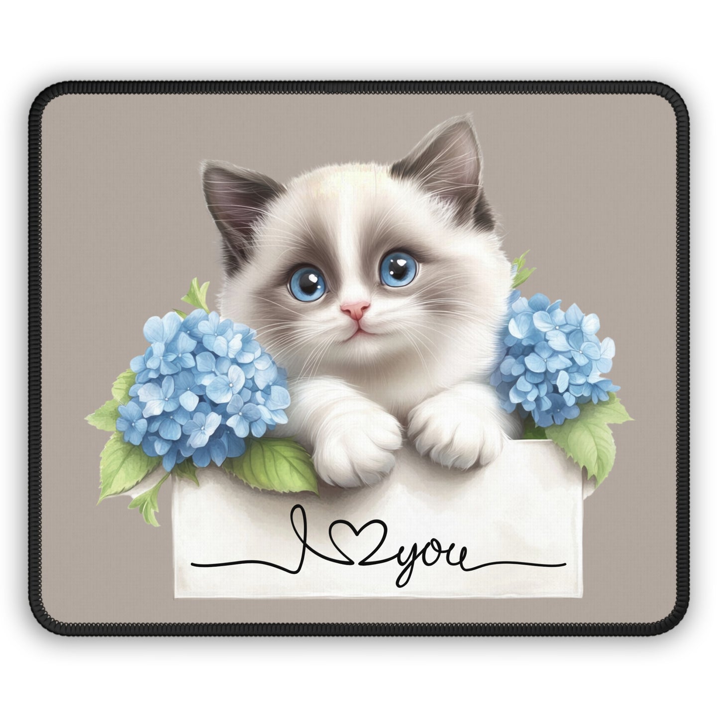 Cute Kitten "I  You" Gaming Mouse Pad — Floral Hydrangea Desk Mat for Cat Lovers