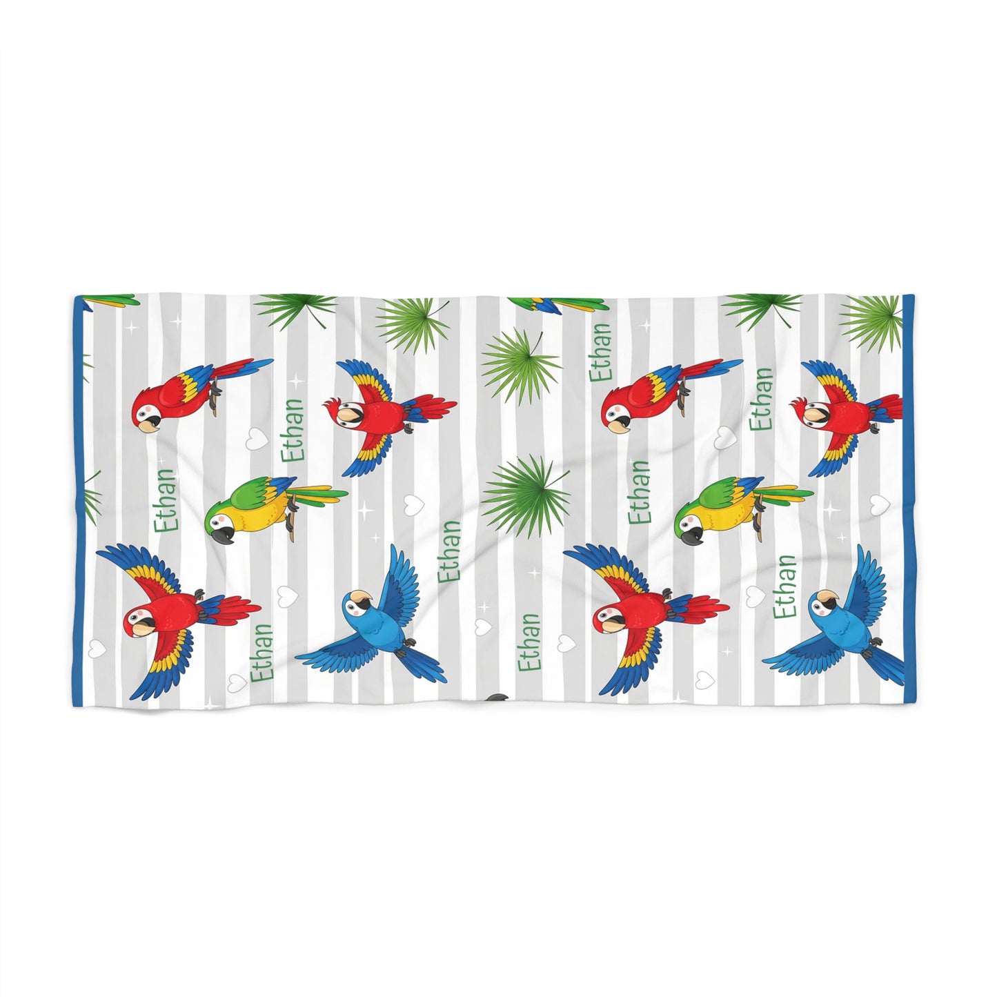 Personalized Parrot Beach Towel — Tropical Palm Stripe Design (Custom Name)