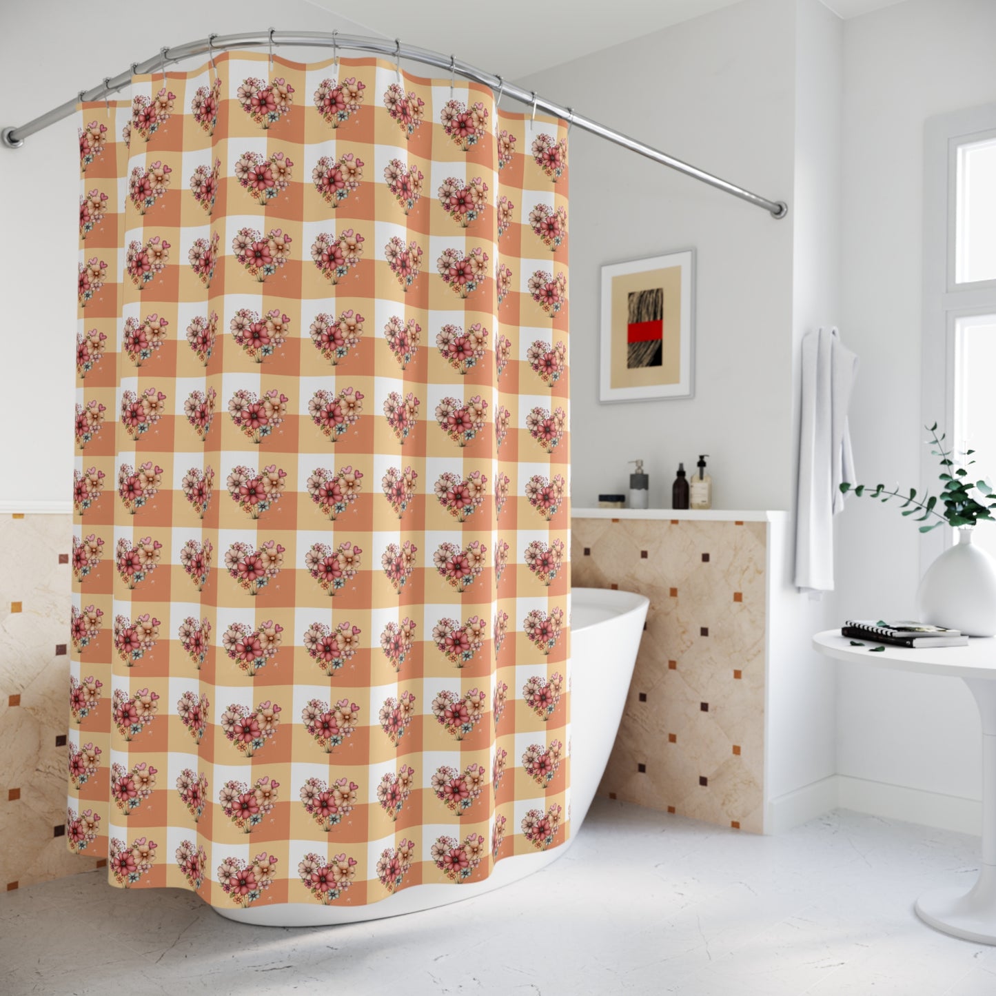 Floral Heart Gingham Shower Curtain — Cozy Farmhouse Bathroom Decor