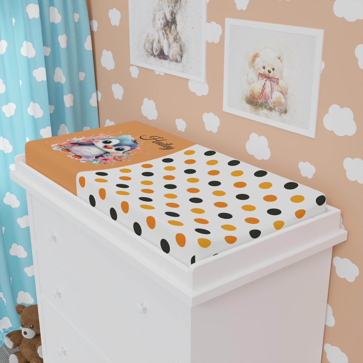 Cute Owl Polka Baby Changing Pad Cover — Personalized 'Hattie' Floral Nursery