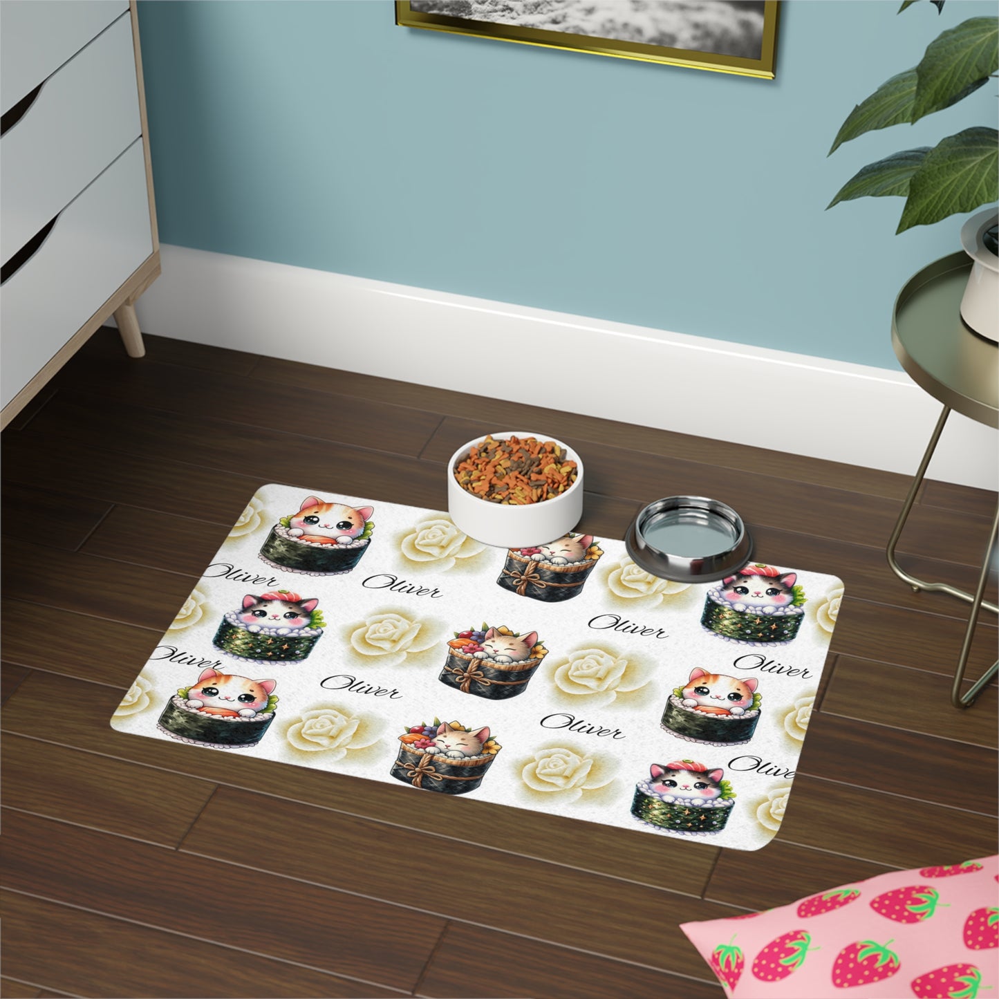 Personalized Cat Sushi Pet Food Mat (12x18) — Cute Name 'Oliver' Design