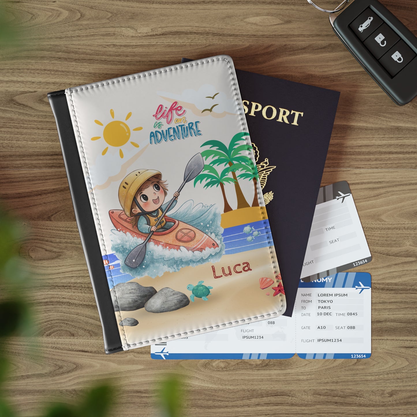Personalized Kids Kayak Passport Cover — "Life is Adventure" Travel Holder (Custom Name)