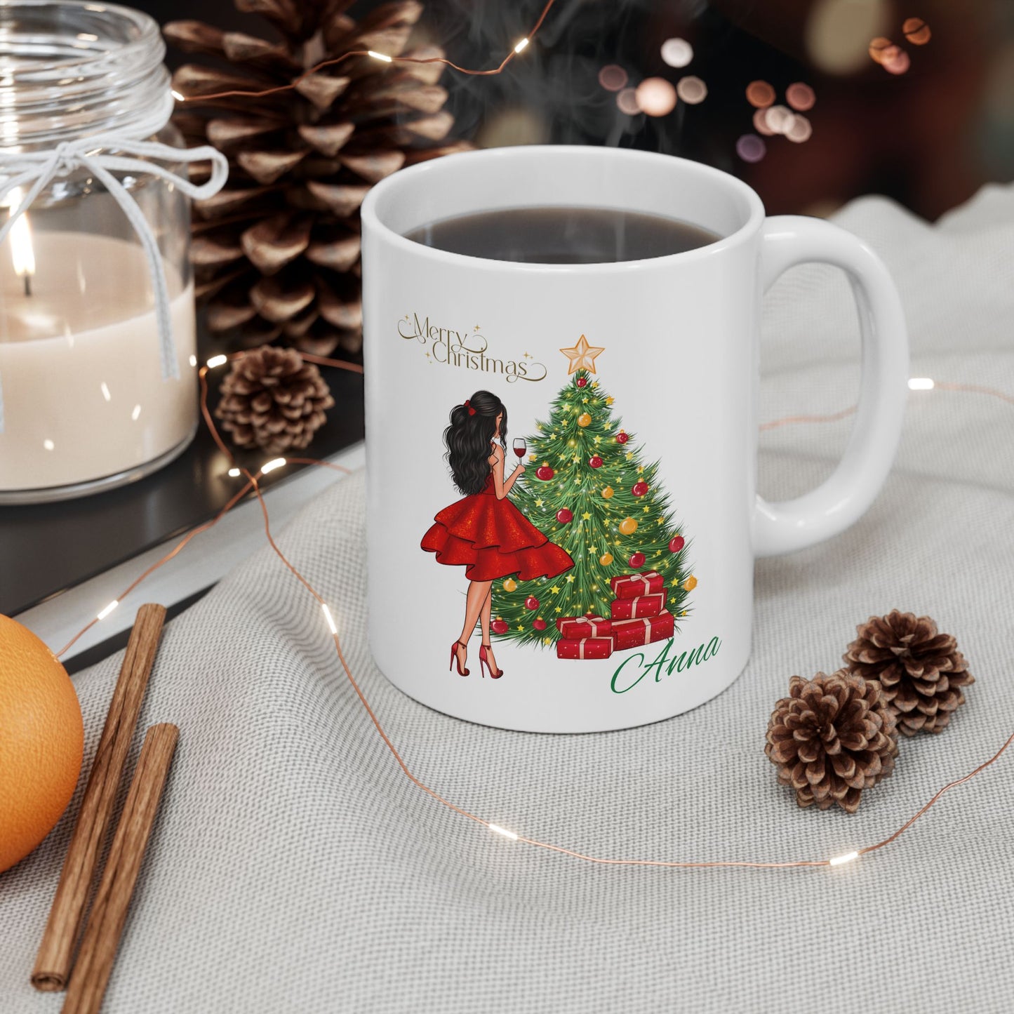 Personalized Christmas Mug – Festive Tree & Girl Illustration (11oz/15oz)
