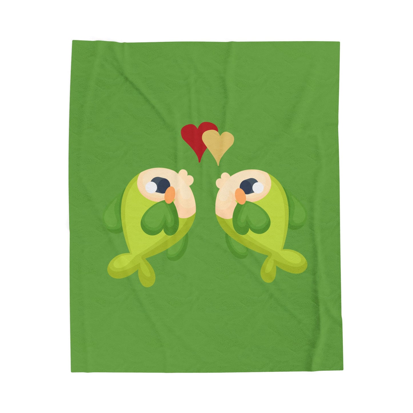 Two hearts float between the fish one red and one yellow Velveteen Plush Blanket