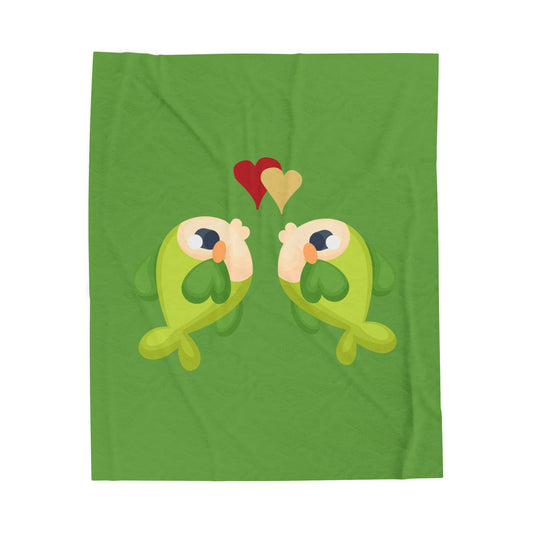 Two hearts float between the fish one red and one yellow Velveteen Plush Blanket