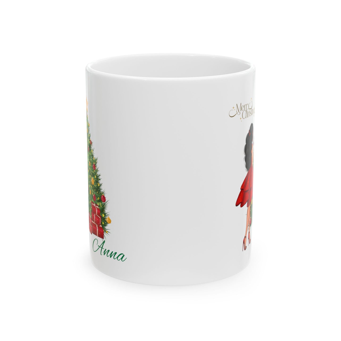 Personalized Christmas Mug – Festive Tree & Girl Illustration (11oz/15oz)