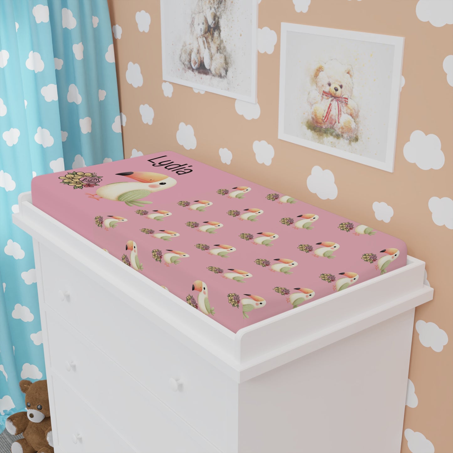 Personalized Pink Toucan Baby Changing Pad Cover — Custom Name Nursery Accessory
