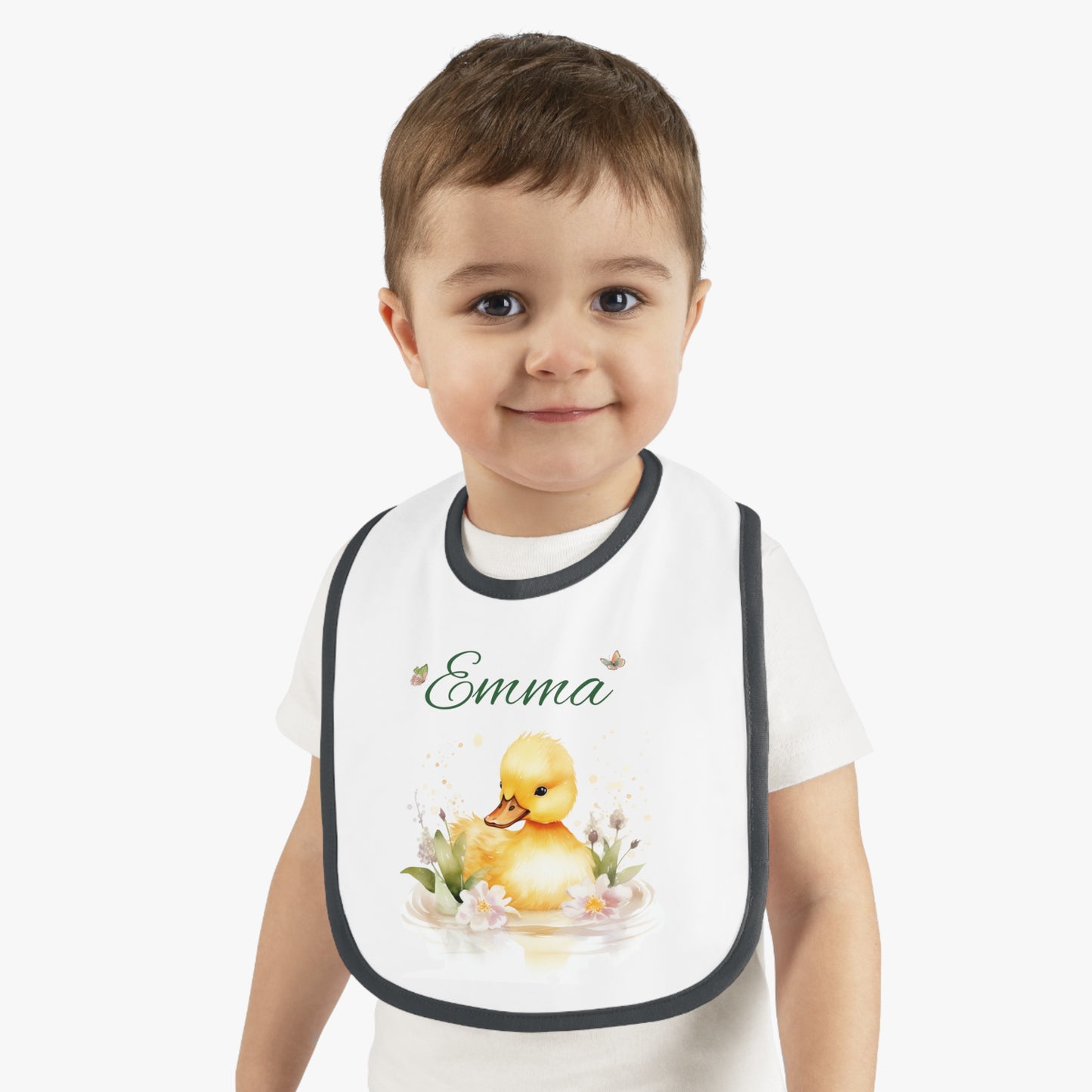 Personalized Duckling Baby Bib — Custom Name Infant Contrast Trim Feeding Bib