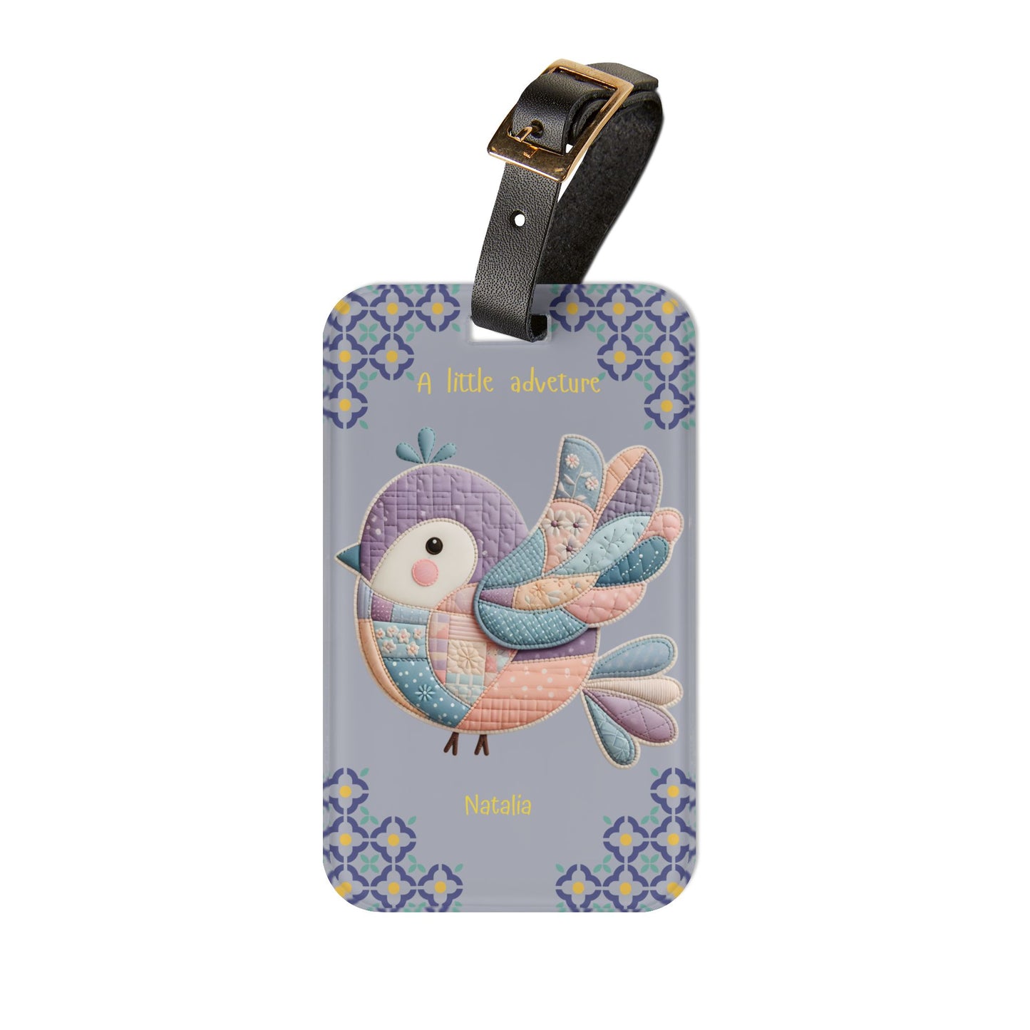 Luggage Tag — Pastel Quilted Bird "A Little Adventure" Personalized Travel Tag